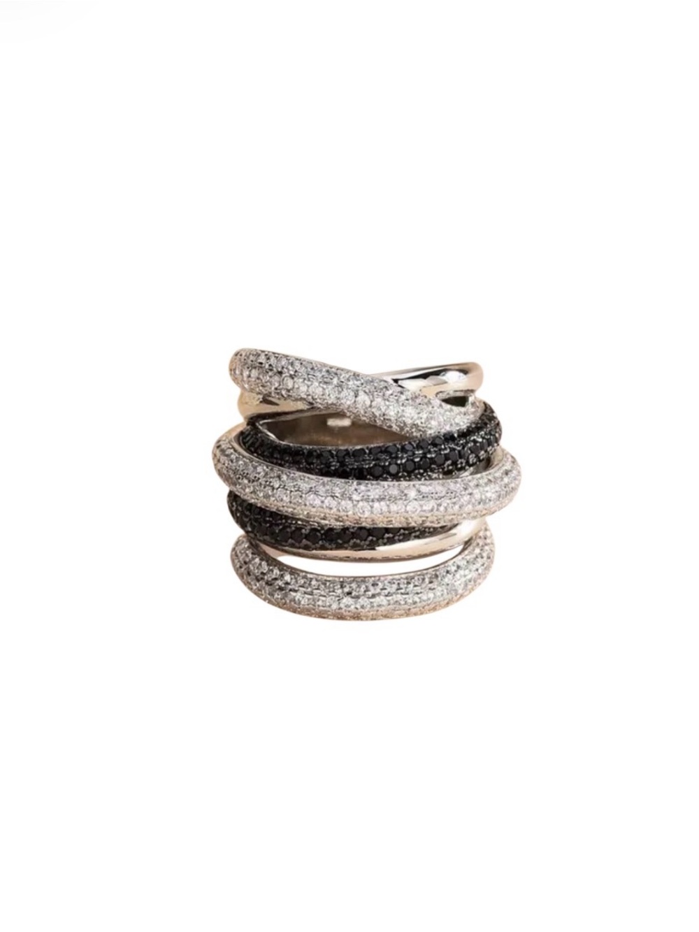 Multi-Row Black and White Pave Spiral Adjustable Ring NWT 18KT Gold Plated